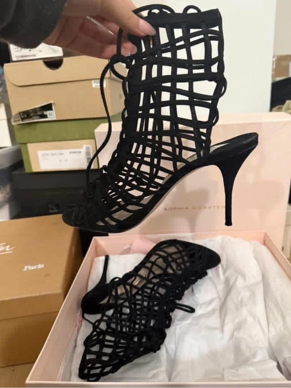 Sophia Webster Black Caged Lace-Up Stiletto Sandals